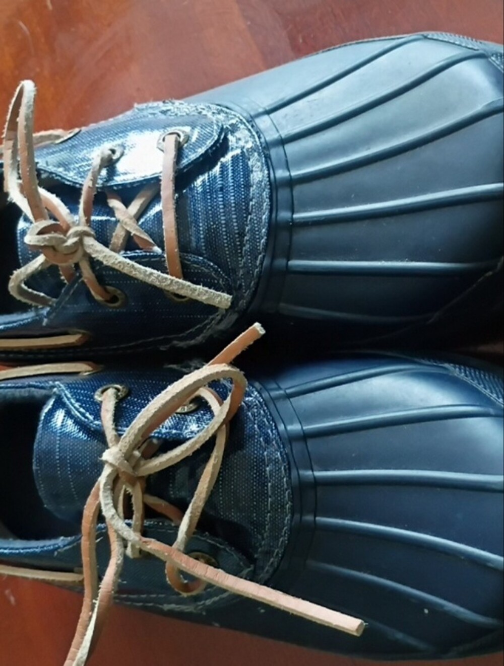 Sperry Navy Blue Rubber Duck Boots with Tan Laces